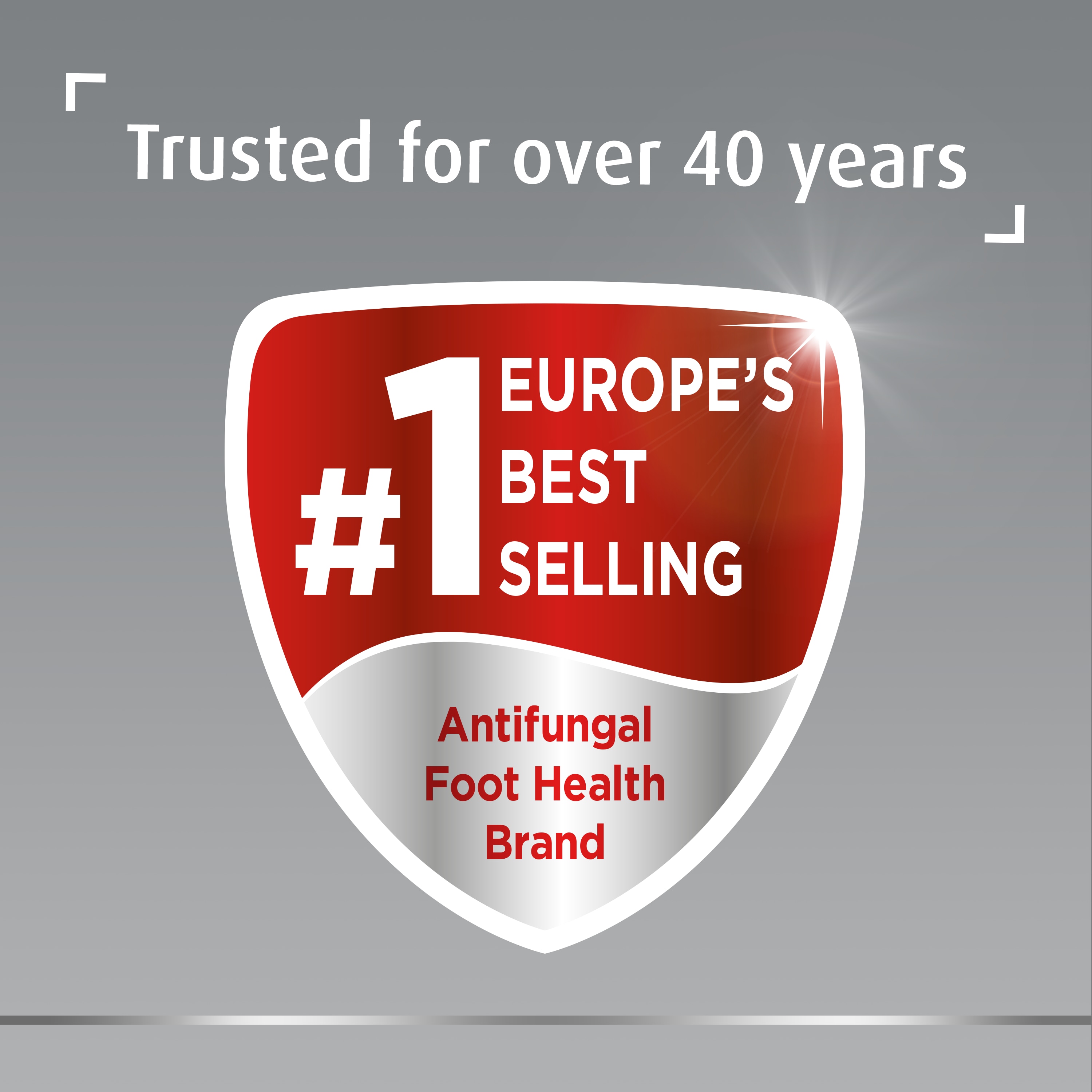 Canesten #1 Europe’s best-selling antifungal foot health brand badge, with caption on top: Trusted for over 40 years