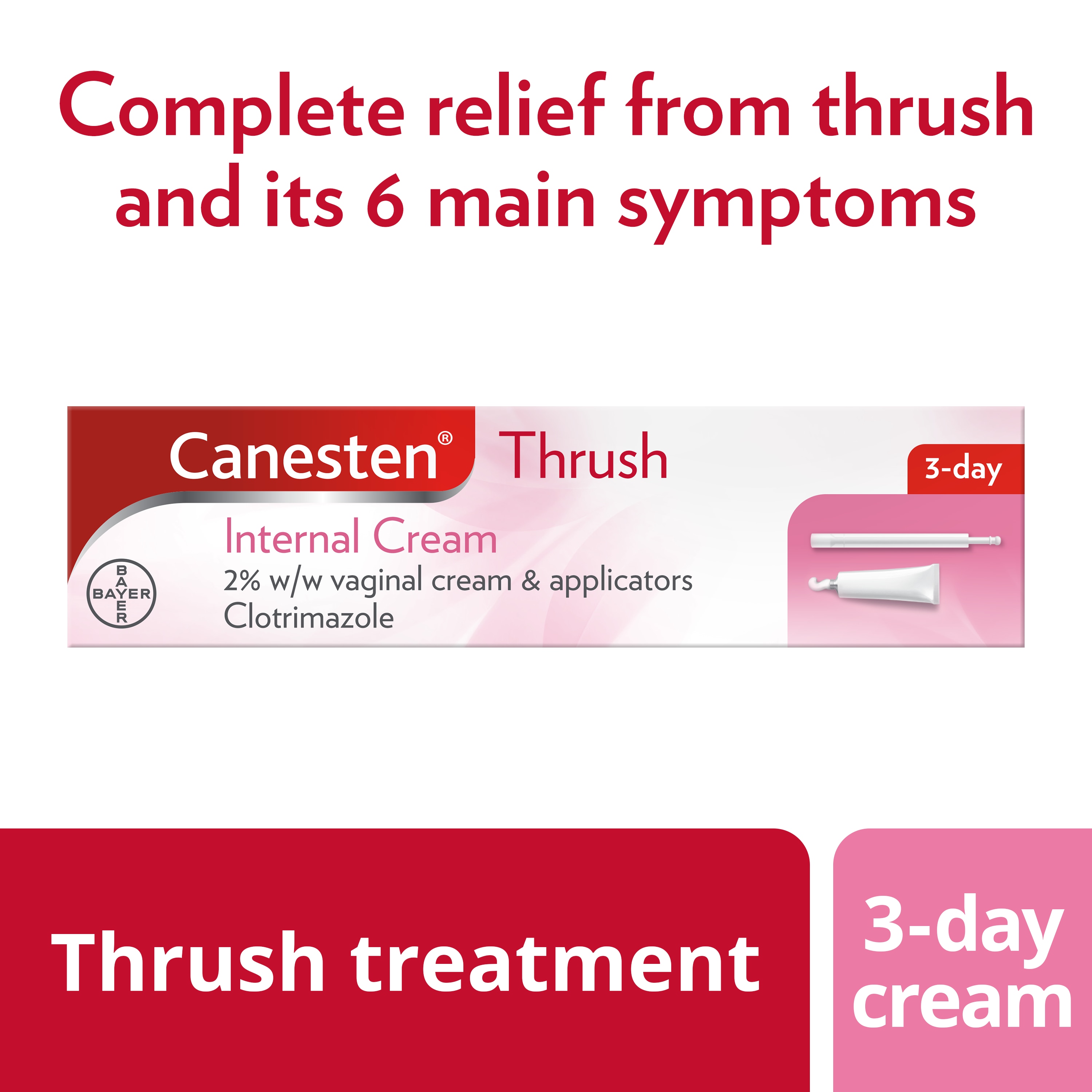 Thrush treatment 3-day cream: Canesten Thrush Internal Cream 2% w/w vaginal cream and applicators, with caption on top: Complete relief from thrush and its 6 main symptoms