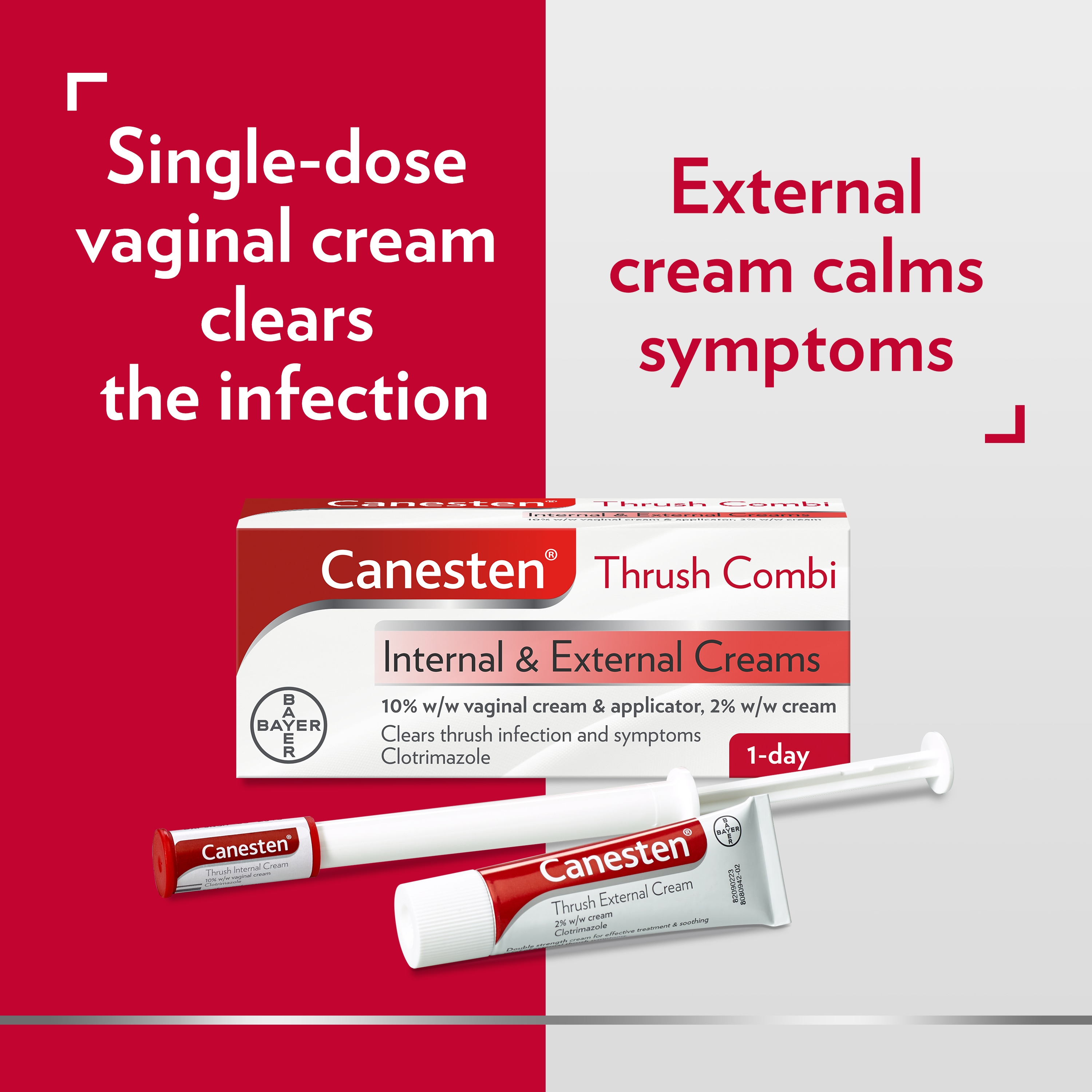 Canesten Thrush Combi Vaginal Pessary and External Cream with double caption: Left side: Single-dose vaginal pessary clears internal infection, right side: Cream calms external symptoms