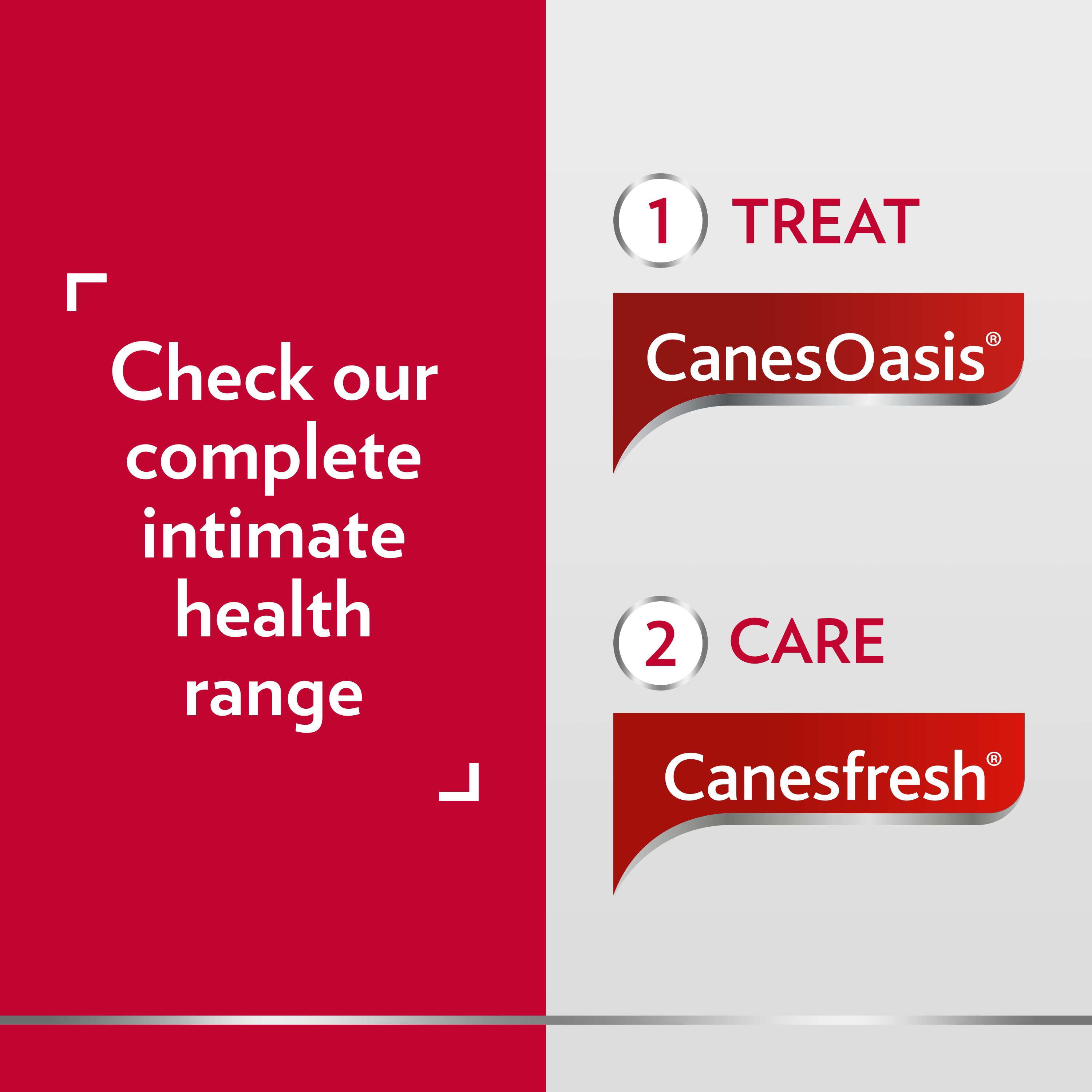 Caption on the left side of picture: Try our complete intimate health range; right side of picture: 1. Treat with CanesOasis, 2. Care with Canesfresh