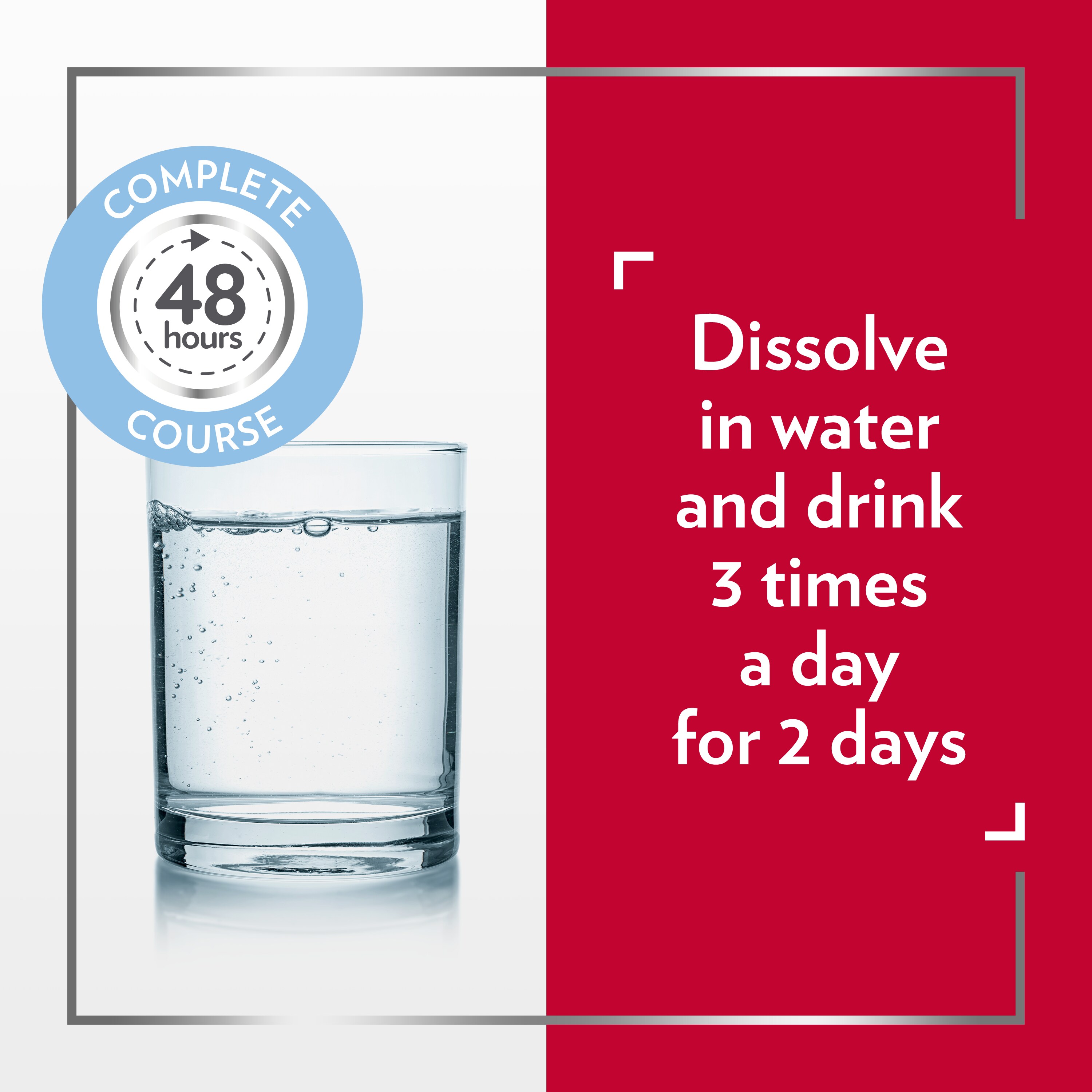 Glass of water with badge on top saying: Complete 48 hours course and caption on the right: Dissolve in water and drink 3 times a day for 2 days