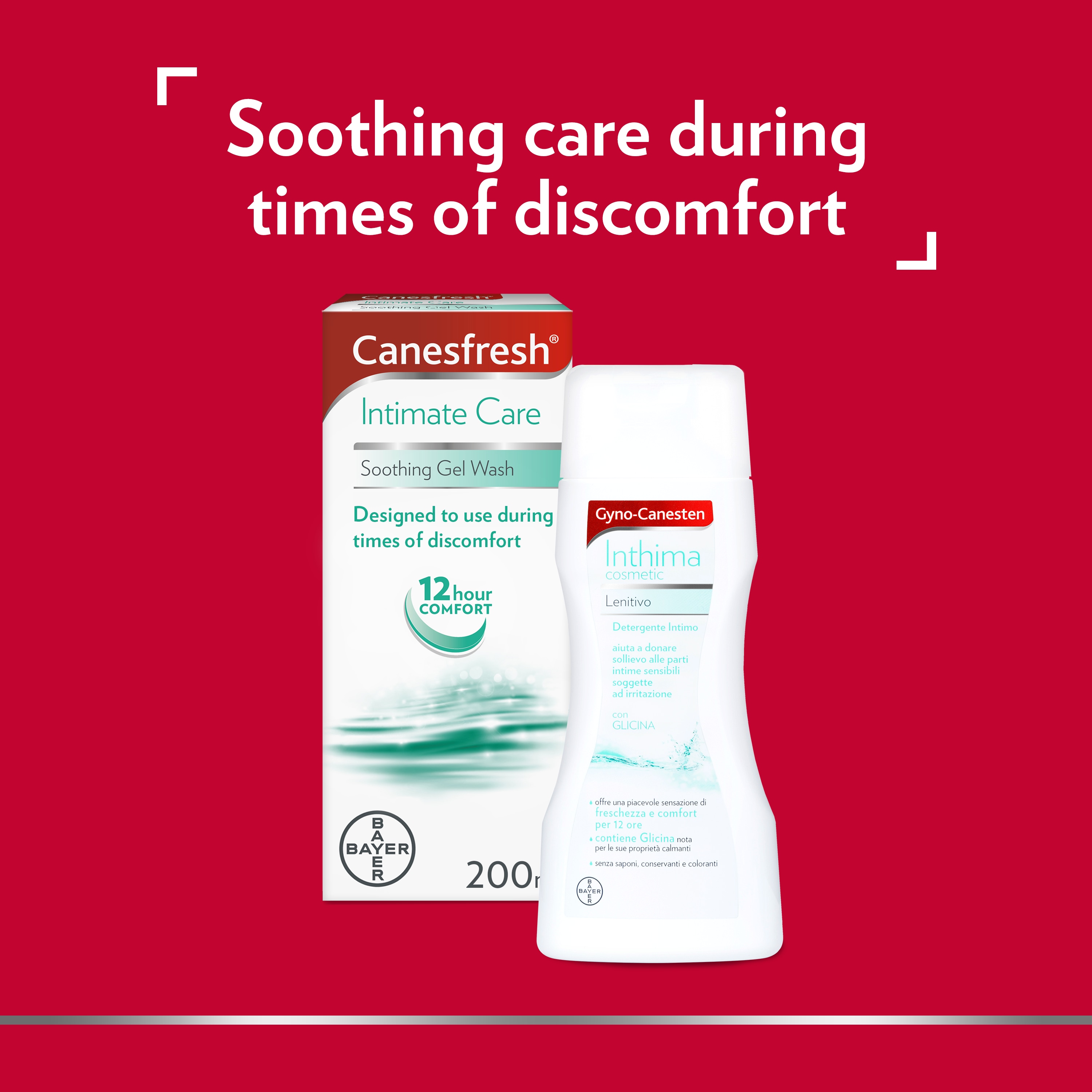 Canesfresh Intimate Care wash, with caption on top: Soothing care during times of discomfort.