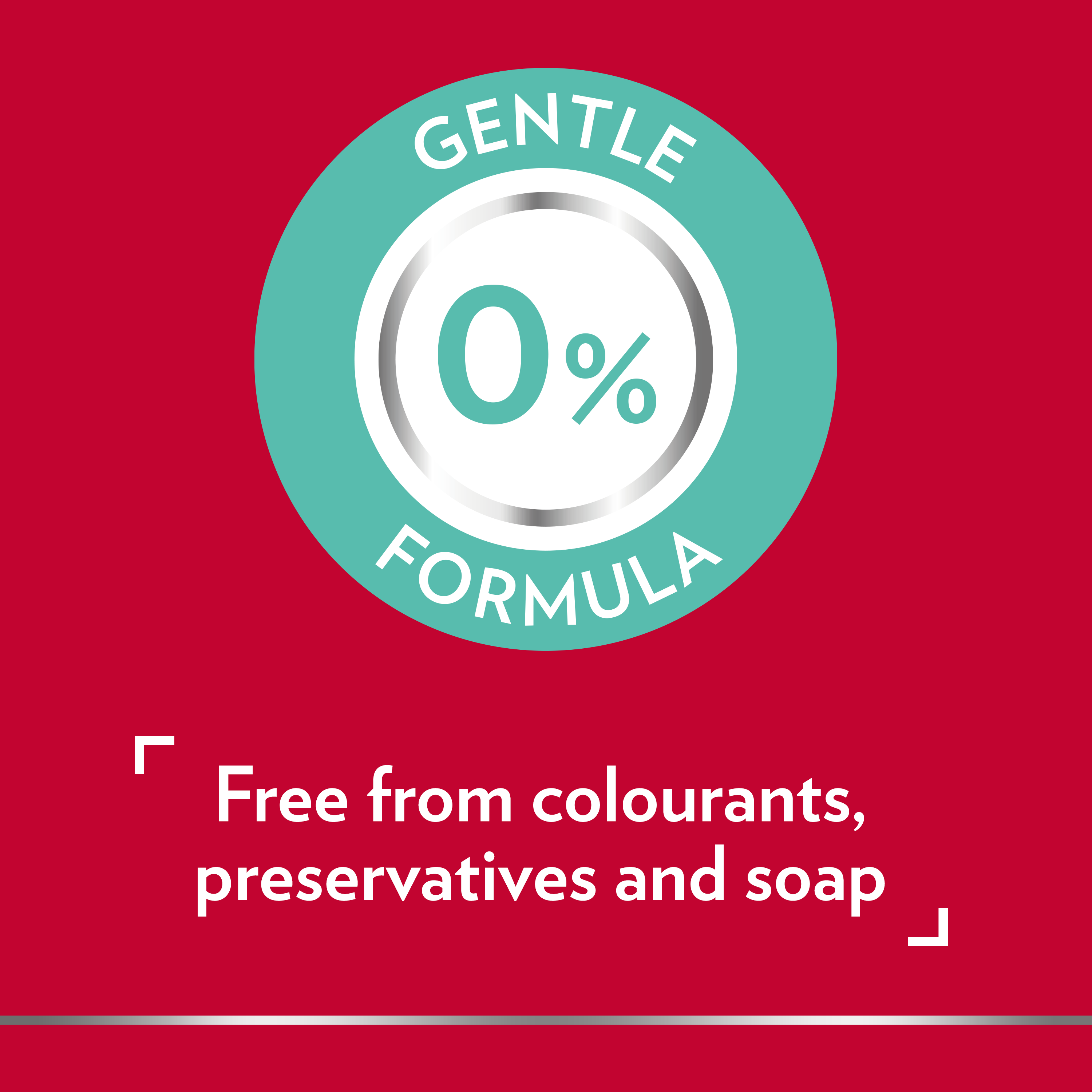 Canesten Gentle Formula 0% icon, with caption on bottom: Free from colourants preservatives and soap.