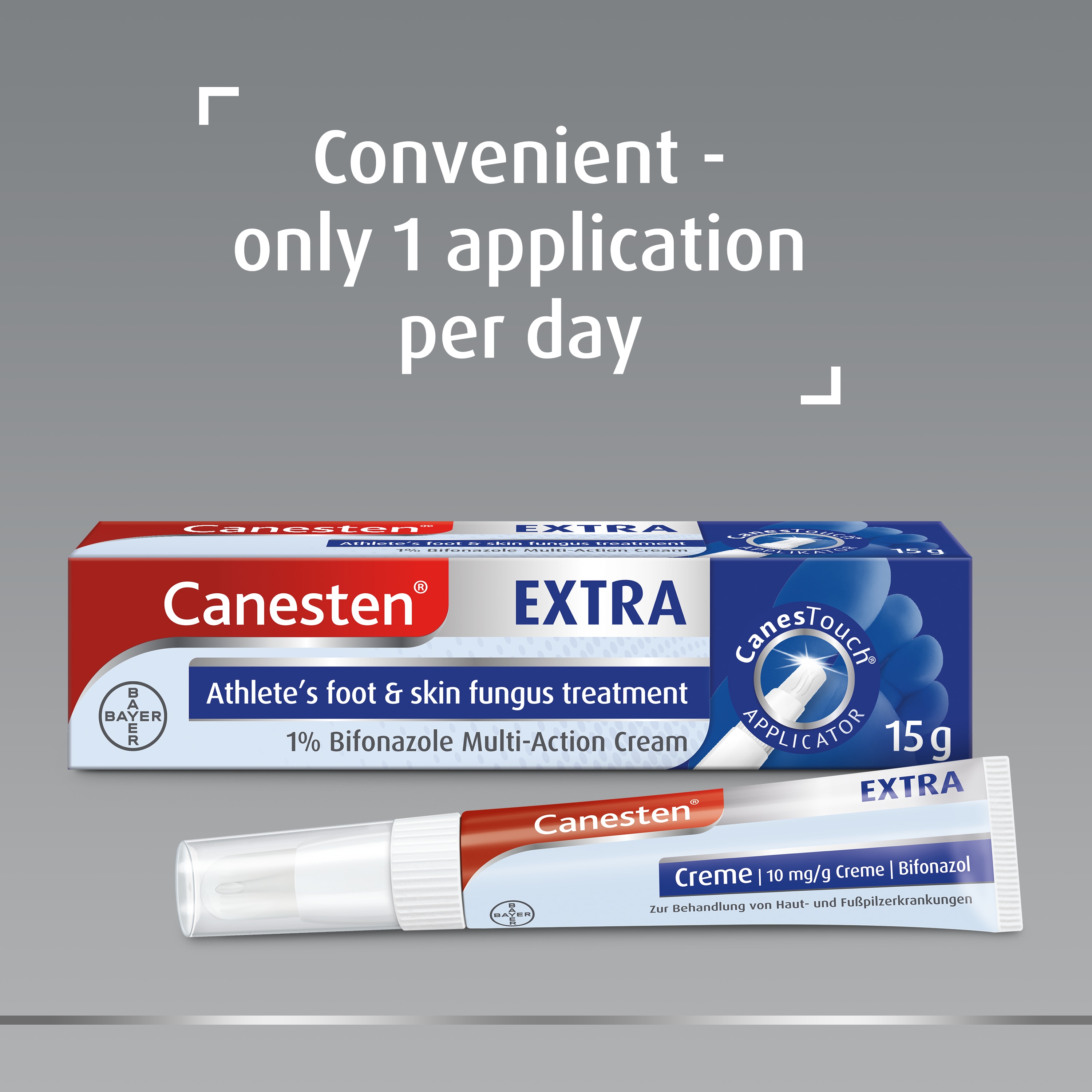 Canesten Extra 1% Bifonazole cream for athlete’s foot and skin fungus treatment 15g with CanesTouch applicator, and caption on top: Convenient – only 1 application per day