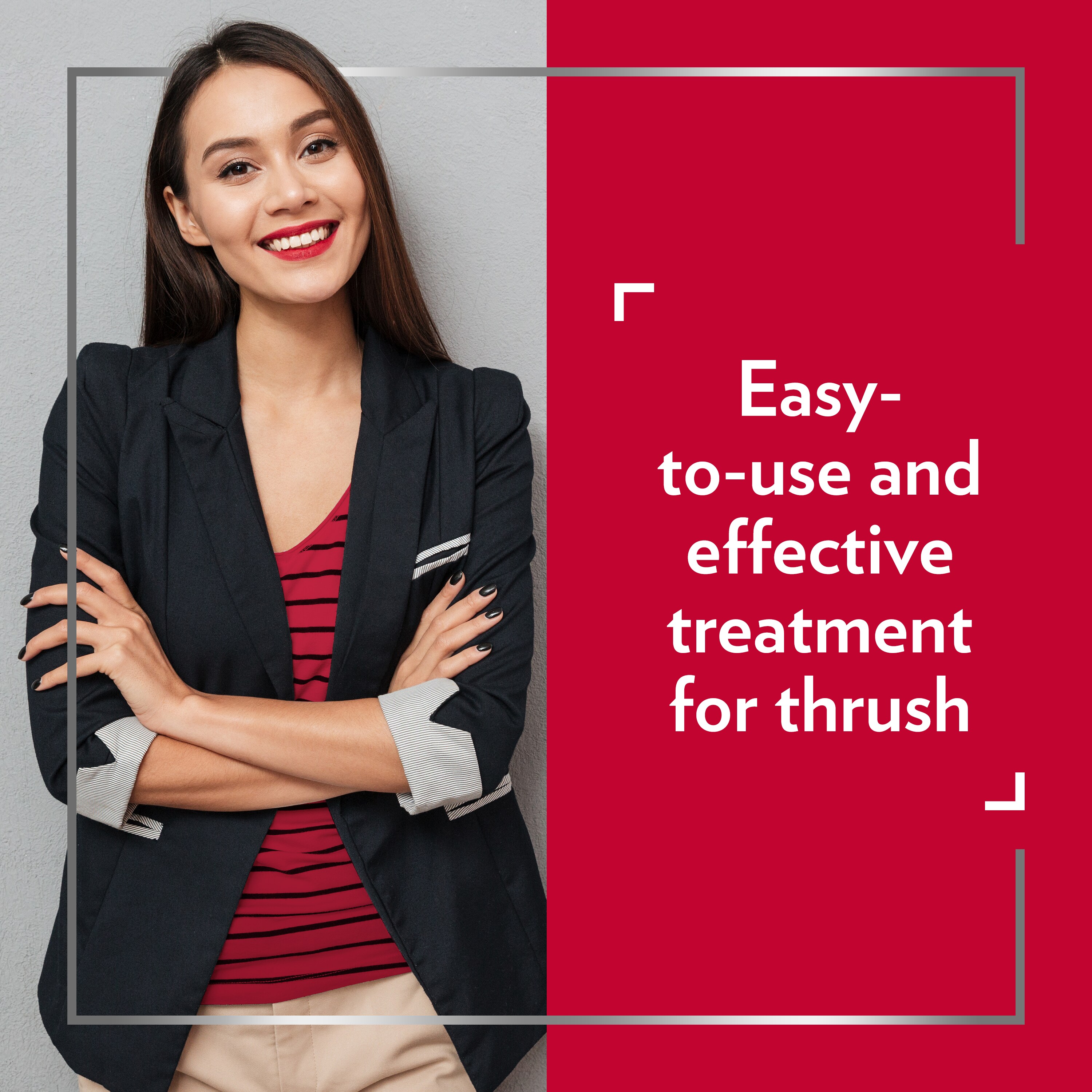 Smiling young woman wearing smart clothes with her arms crossed, happy after Canesten treatment, with caption on the right: Easy-to-use and effective treatment for thrush