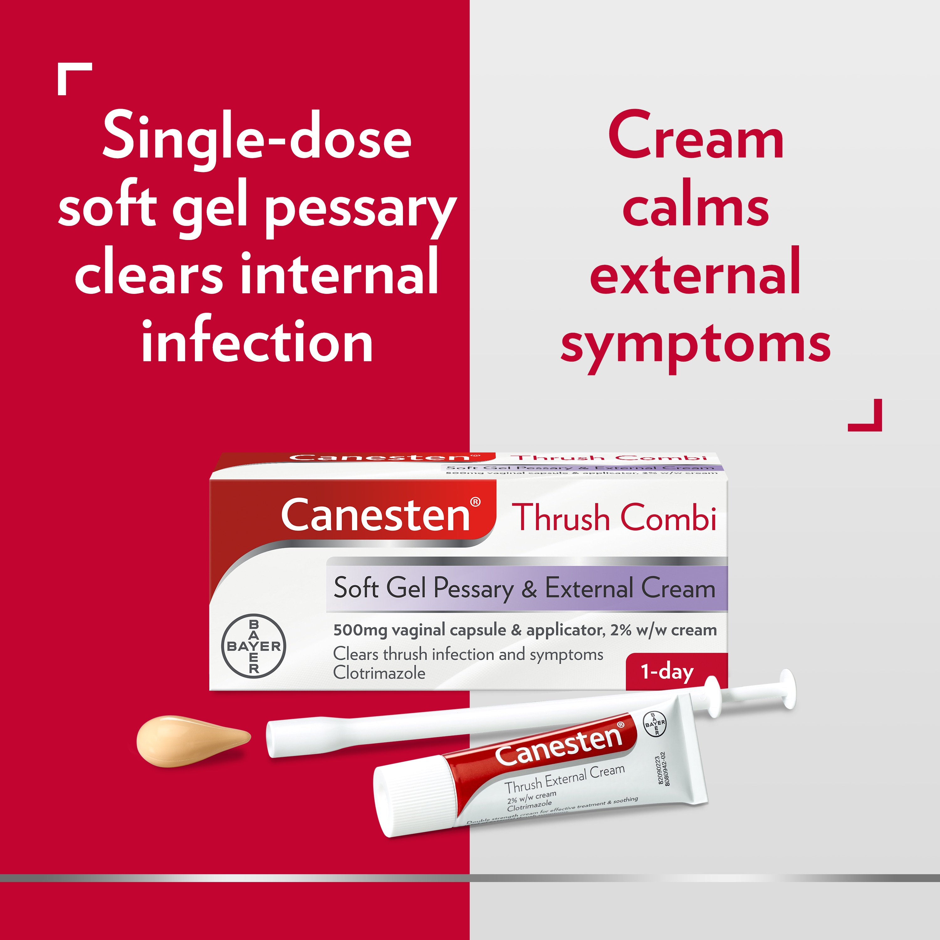 Canesten Thrush Combi Soft Gel Pessary and External Cream with double captions: Left side: Single-dose vaginal cream clears the infection, Right side: Cream calms symptoms