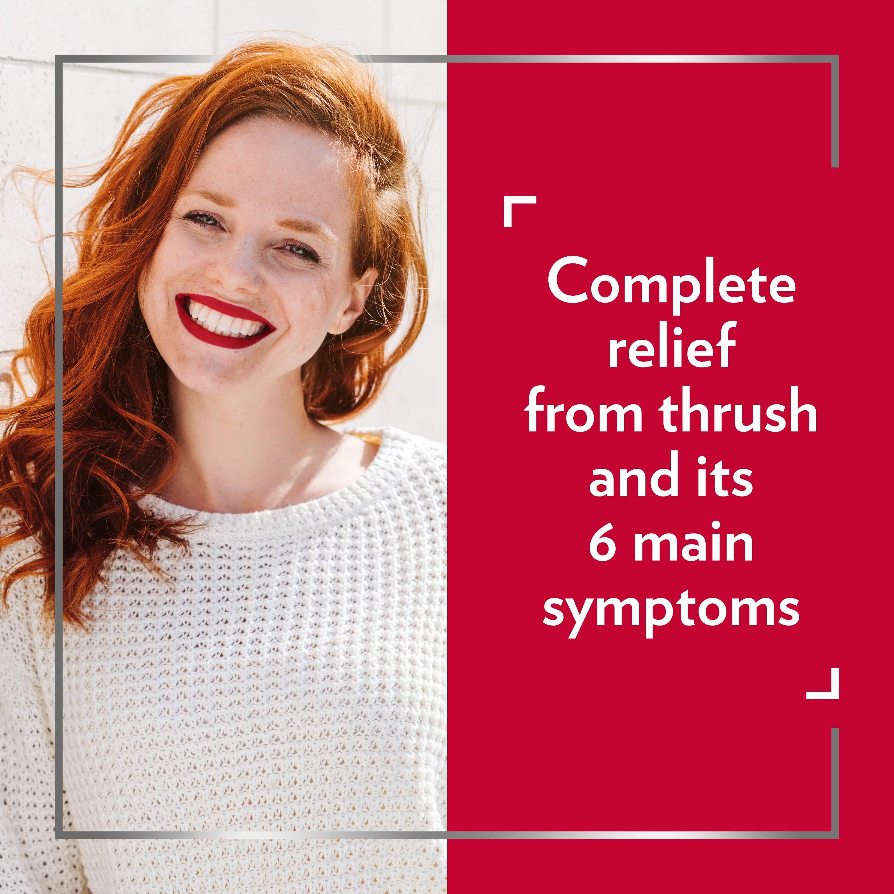 : Smiling red-haired woman, with caption on the right side of picture: Complete relief from thrush and its 6 main symptoms