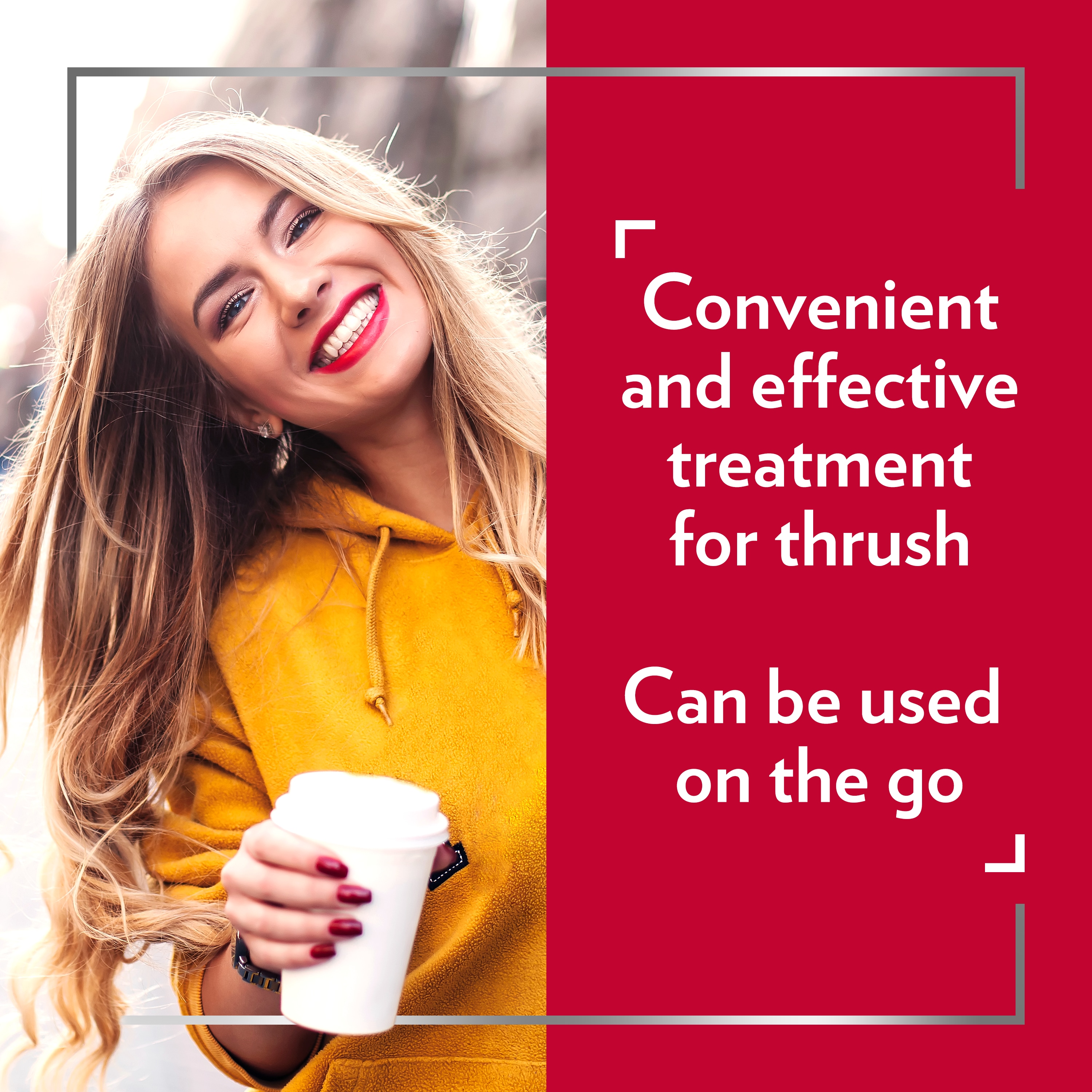 Happy young woman in yellow hoodie holding paper coffee cup, with caption on the right: Convenient and effective treatment for thrush. Can be used on the go