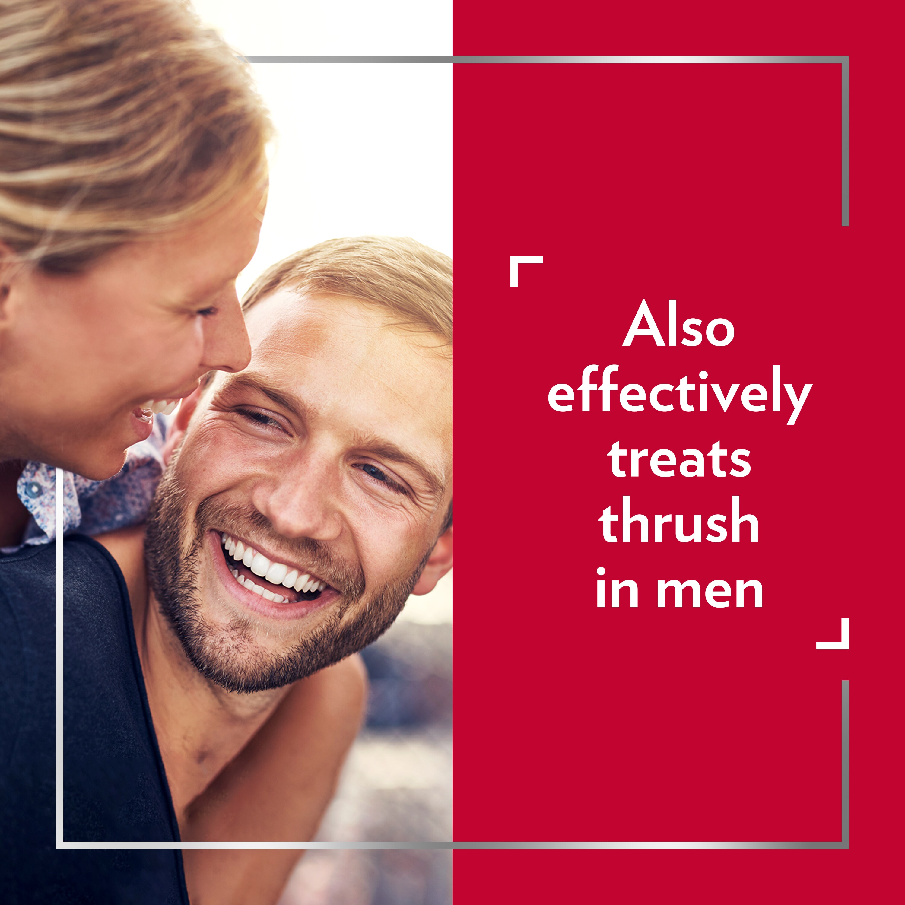 Smiling young couple having great time, happy after Canesten treatment, with caption on the right: Also effectively treats thrush in men