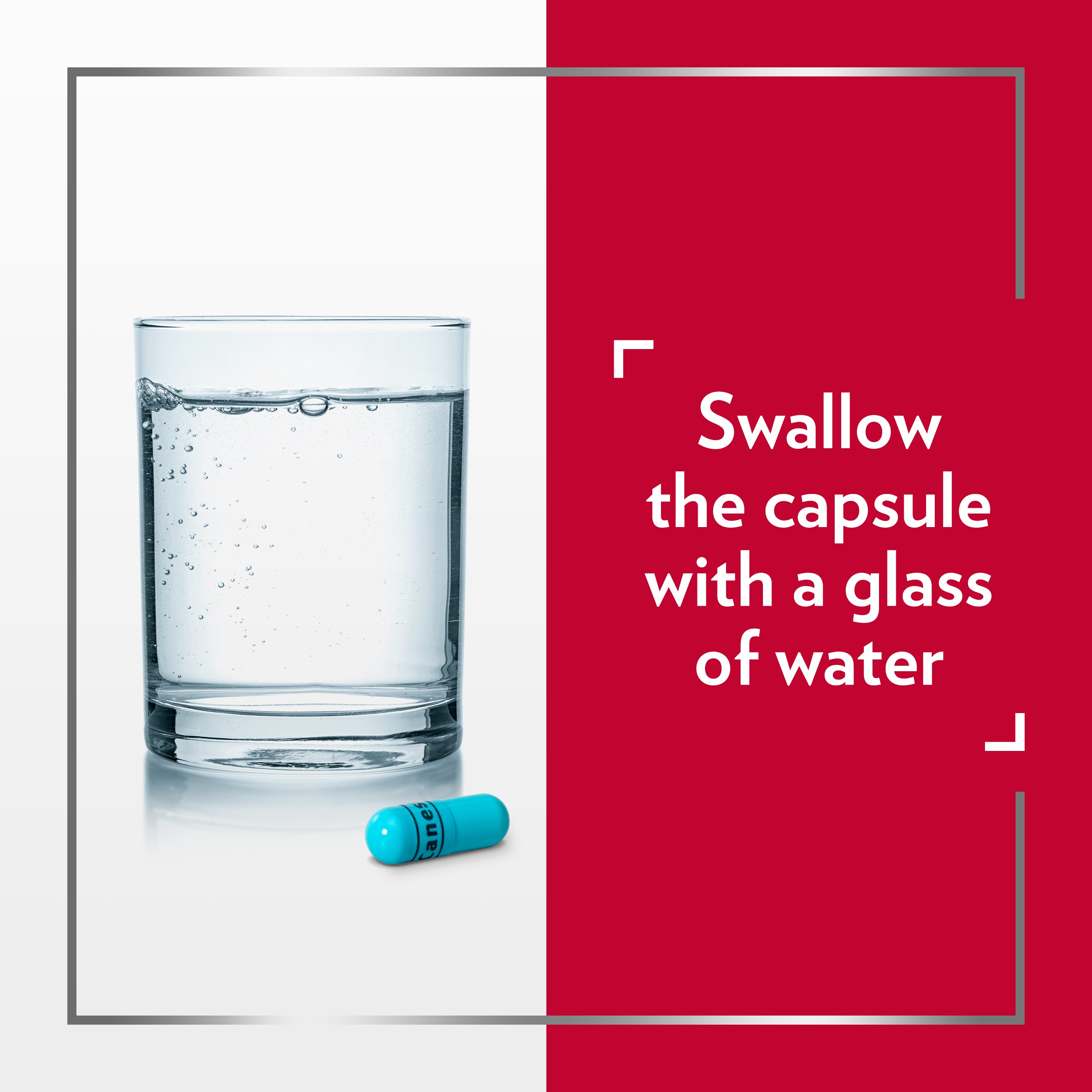 Glass of water with Canesten capsule lying next to it and caption on the right: Swallow the capsule with a glass of water